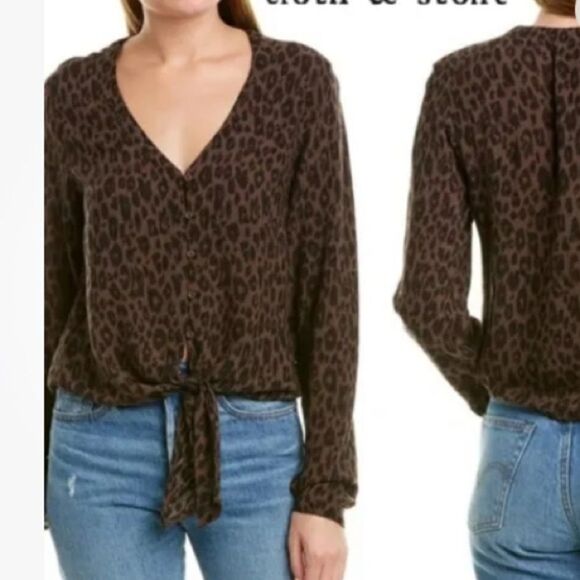 Cloth and stone, black and brown animal print tie up top size small - Picture 1 of 7